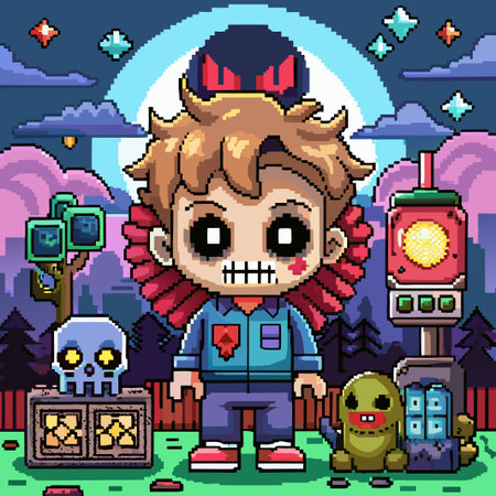 Pixelated character standing in front of a building.のイラスト素材