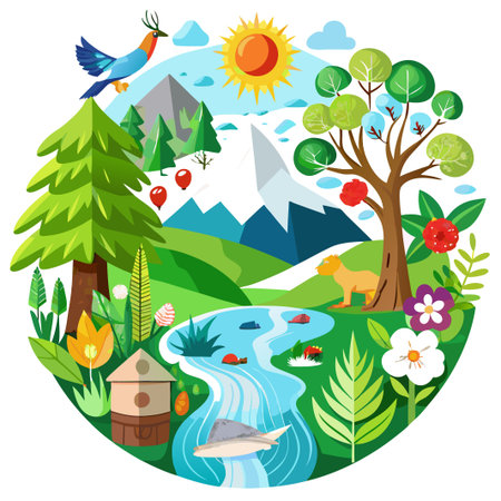 A vibrant illustration of a circular landscape with trees, mountains, a river, and a bird in flight.のイラスト素材