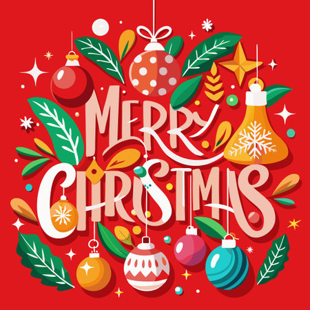 Merry Christmas greeting with ornaments and leaves on a red background.のイラスト素材