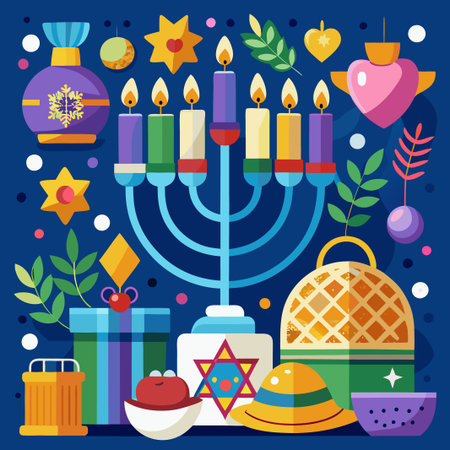 Colorful illustration of a menorah with candles, a star of david, gifts and other decorations.のイラスト素材