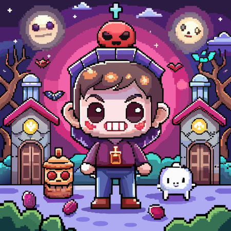 Pixelated vampire character standing between spooky houses on Halloween night.のイラスト素材