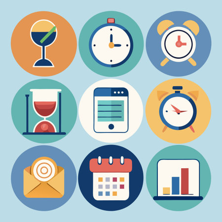 Colorful icons of clock, hourglass, calendar, envelope, and chart in circular frames.のイラスト素材