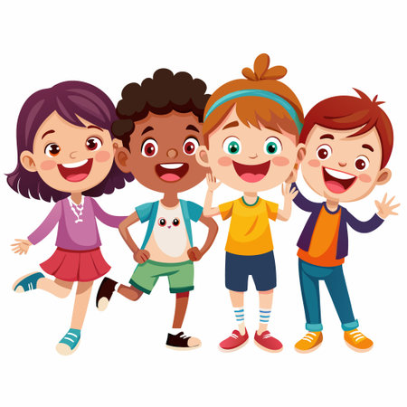Four happy children of different ethnicities stand together with smiles.のイラスト素材