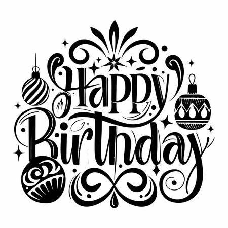 Black and white calligraphy Happy Birthday with ornate baubles and swirls.のイラスト素材