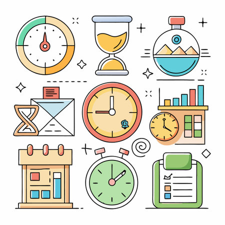 Colorful illustration of clocks, calendars, and charts.のイラスト素材