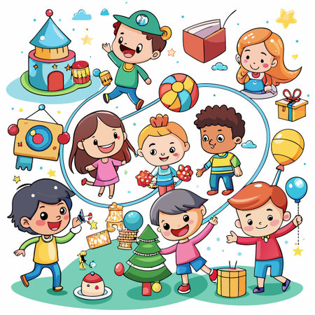 Happy kids playing with toys and gifts.のイラスト素材