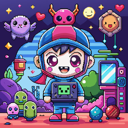 Cute pixel art character holding a game console in a colorful fantasy world.のイラスト素材