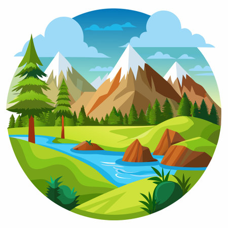 A picturesque mountain landscape with a winding river flowing through a lush green valley.のイラスト素材