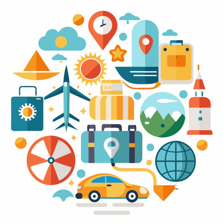 Colorful travel icons arranged in a circle.のイラスト素材