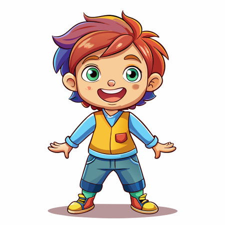 Cartoon boy with colorful hair, green eyes, and a big smile, wearing a yellow vest, blue jeans, and red shoes, standing with his hands out.のイラスト素材