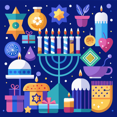 Colorful illustration of a menorah with candles, stars, gifts and a cup of coffee on a blue background.のイラスト素材