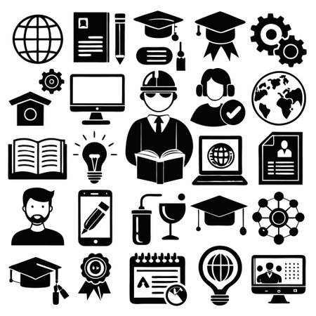 Set of black and white icons for education, internet, and business.のイラスト素材