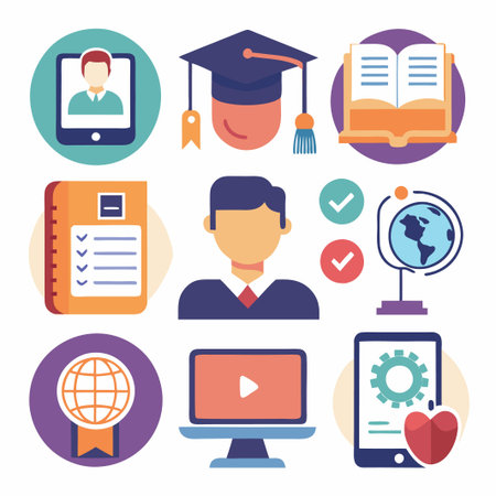 Set of nine flat icons related to education and learning.のイラスト素材