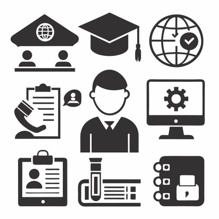 Set of education icons, including graduation cap, globe, student, and more.のイラスト素材