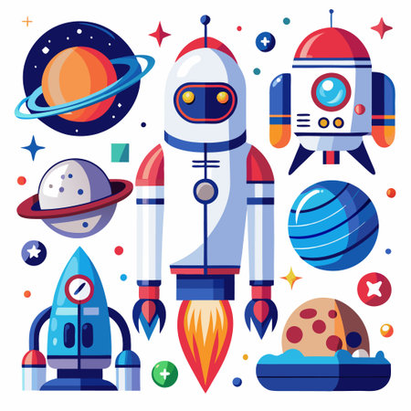 A set of cartoon space objects, including a rocket, planets, and stars.のイラスト素材