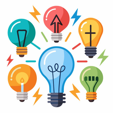 Six colorful light bulbs with different symbols inside with yellow lightning bolts surrounding them.のイラスト素材