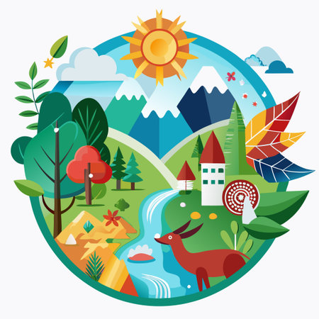 Colorful illustration of a landscape with mountains, trees, a river, and a house.のイラスト素材