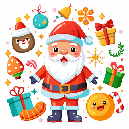 Cheerful Santa Claus with Christmas Ornaments and Gifts.のイラスト素材