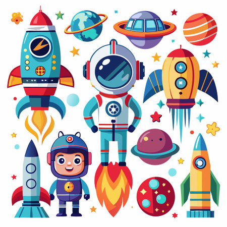 Colorful cartoon rockets, astronauts, planets, and stars for space exploration.のイラスト素材