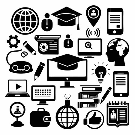 Black and white icon set with globe, graduate cap, computer, phone, briefcase, pencil,  and more.のイラスト素材