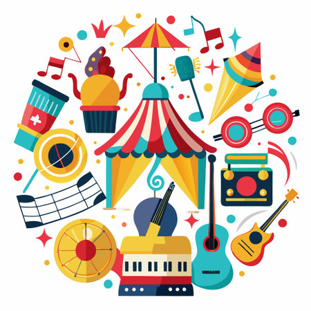 Colorful musical instruments and objects arranged in a circle.のイラスト素材