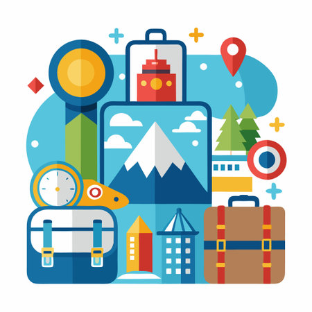 Travel illustration with suitcases, compass, map and mountains.のイラスト素材