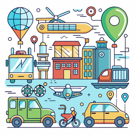Illustration of various transportation modes, including a hot air balloon, airplane, bus, boat, and car, in a city setting.のイラスト素材