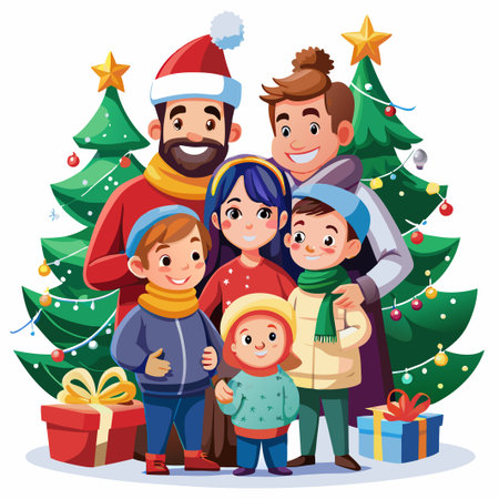 Happy family celebrating Christmas together in front of two decorated Christmas trees.のイラスト素材