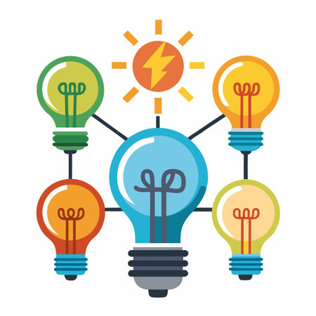 Five lightbulbs connected by lines and a sun with a lightning bolt inside.のイラスト素材