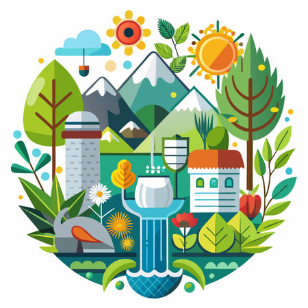 Colorful nature scene with a waterfall, mountain, sun, and flowers in a circle shape.のイラスト素材