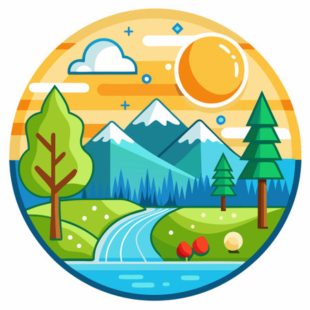 Circular illustration of a green mountain landscape with a river flowing through it, under a bright sun.のイラスト素材
