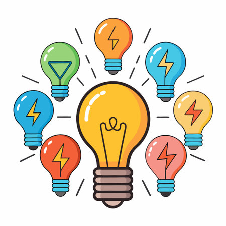 A large yellow light bulb surrounded by six smaller, colorful light bulbs, each with a unique design, symbolizing a creative brainstorm or the power of ideas.のイラスト素材