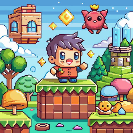 Pixelated character standing on a platform in a game landscape.