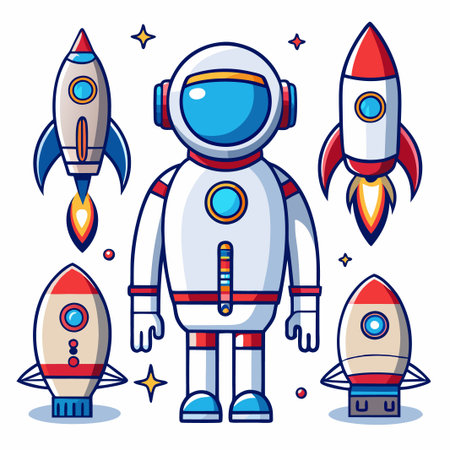 Cartoon astronaut with three rockets flying in space.のイラスト素材
