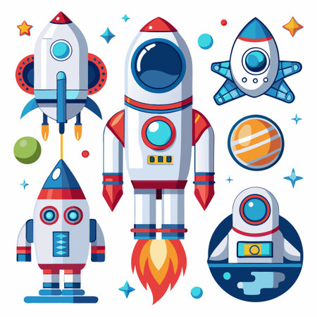 Set of colorful cartoon rockets in space.のイラスト素材
