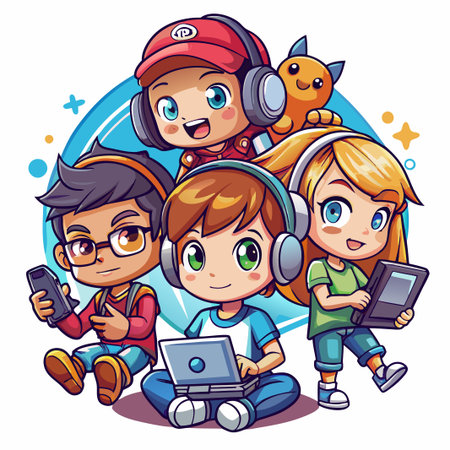 Four cartoon kids wearing headphones and using technology.のイラスト素材