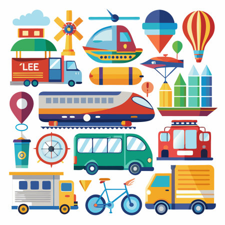 Colorful transportation icons, including a truck, train, bus, bicycle, helicopter, hot air balloon and more.のイラスト素材