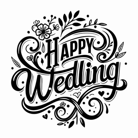 Hand drawn calligraphy text "Happy Wedding" with floral elements.のイラスト素材