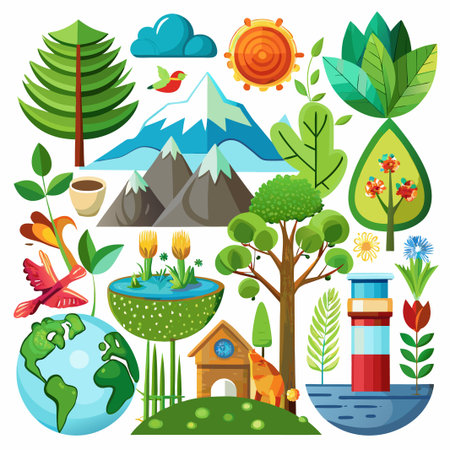 Colorful cartoon illustration of nature elements like plants, trees, mountains, sun, bird, earth and water.のイラスト素材