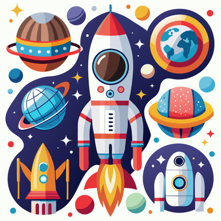 Cartoon rocket ship flying past planets and stars in space.のイラスト素材