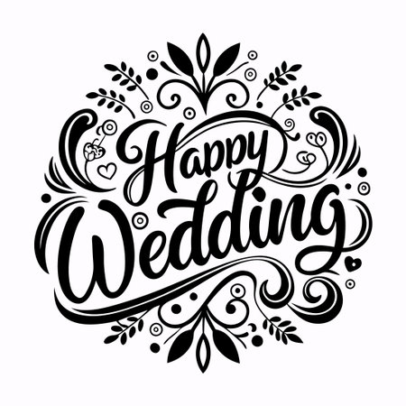 Hand-drawn calligraphy "Happy Wedding" with decorative floral elements.のイラスト素材