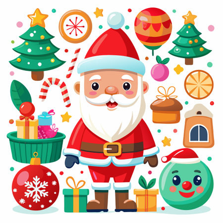 Santa Claus surrounded by Christmas themed elements on white background.のイラスト素材