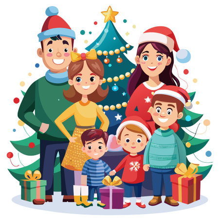 Happy family standing in front of a decorated Christmas tree.のイラスト素材
