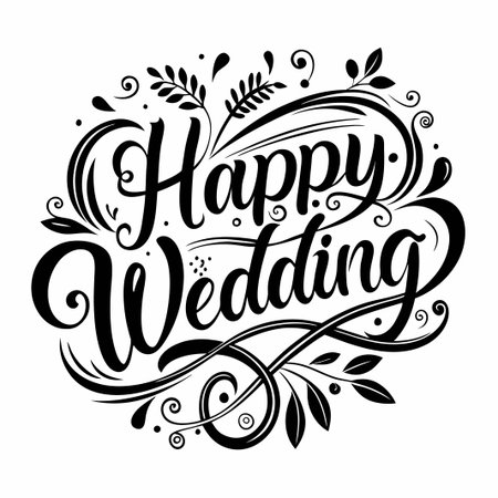 Happy Wedding calligraphy with floral ornament.のイラスト素材