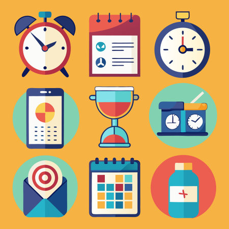 Nine colorful icons, including a clock, calendar, hourglass, and a stopwatch, represent time management.のイラスト素材