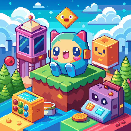 Cute pixel art character in a colorful environment.