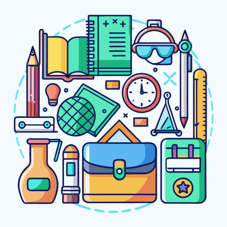 Colorful school supplies in a circle with a book, notebook, ruler, pencil, compass, and more.のイラスト素材