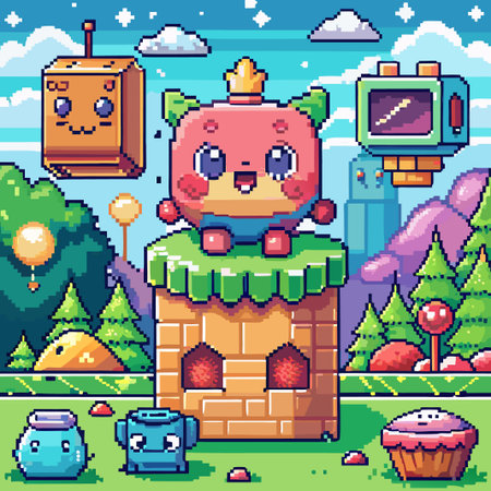Cute pixel art character with a crown sits atop a chimney.