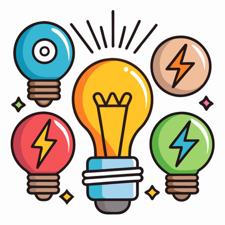 Colorful light bulbs with lightning bolts.のイラスト素材