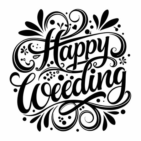 Hand drawn calligraphy text Happy Wedding with floral ornaments.のイラスト素材